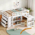 Lit mezzanine MAYEERTY avec tiroir, armoire de rangement et bureau coulissant, lit mezzanine en bois d'hévéa avec garde-corps et échelle, blanc
