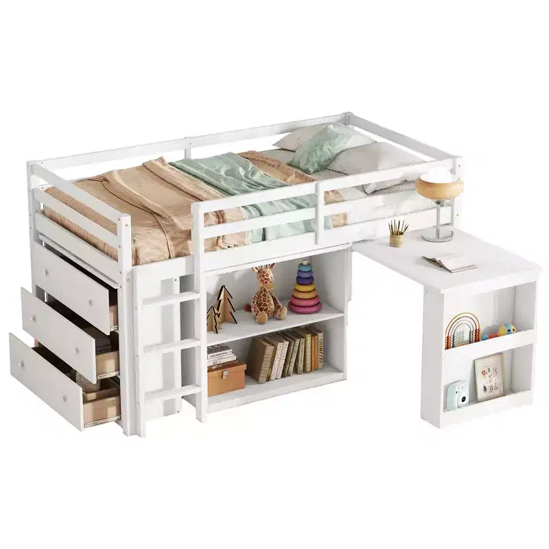 Lit mezzanine MAYEERTY avec tiroir, armoire de rangement et bureau coulissant, lit mezzanine en bois d'hévéa avec garde-corps et échelle, blanc