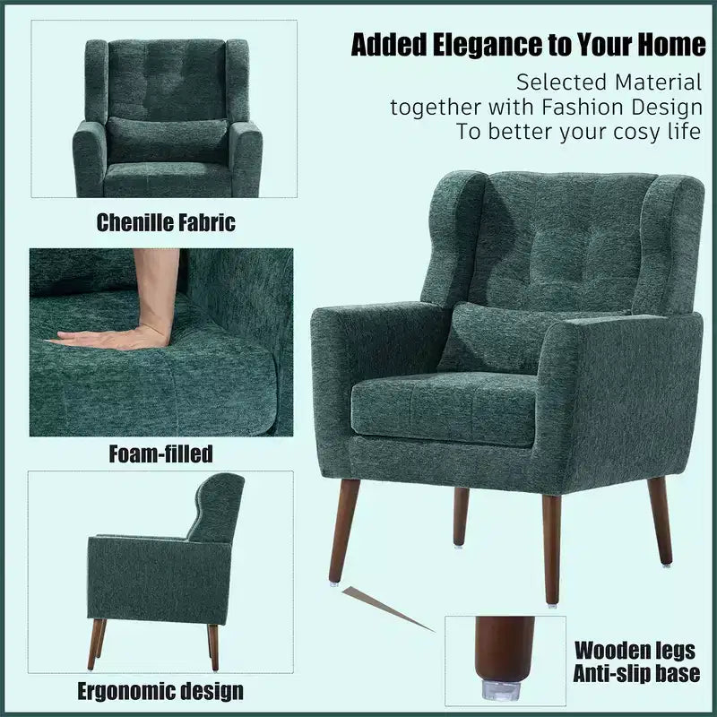 Fauteuil d'appoint moderne en chenille, dossier haut capitonné, coussin en mousse, fauteuil de salon rembourré pour chambre ou salon.