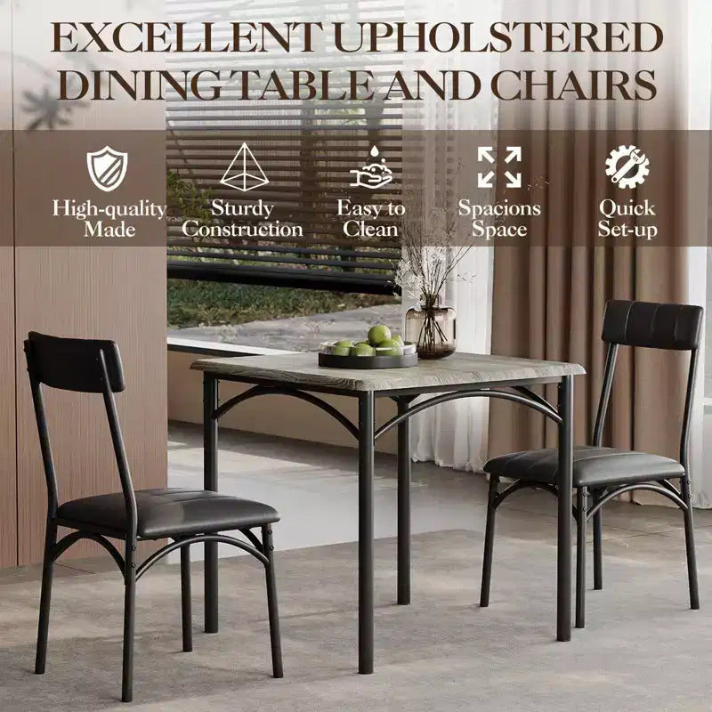 Ensemble table de salle à manger pour 2, ensemble table de cuisine carrée et chaises avec chaises rembourrées, cadre en métal et plateau de table en MDF, pour petits espaces, petit-déjeuner