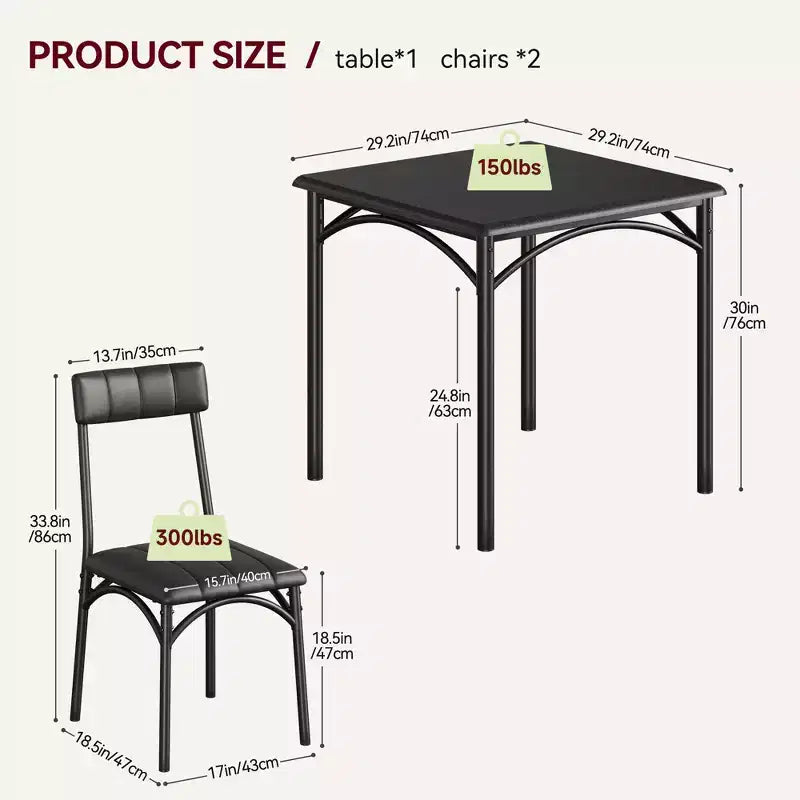 Ensemble table de salle à manger pour 2, ensemble table de cuisine carrée et chaises avec chaises rembourrées, cadre en métal et plateau de table en MDF, pour petits espaces, petit-déjeuner