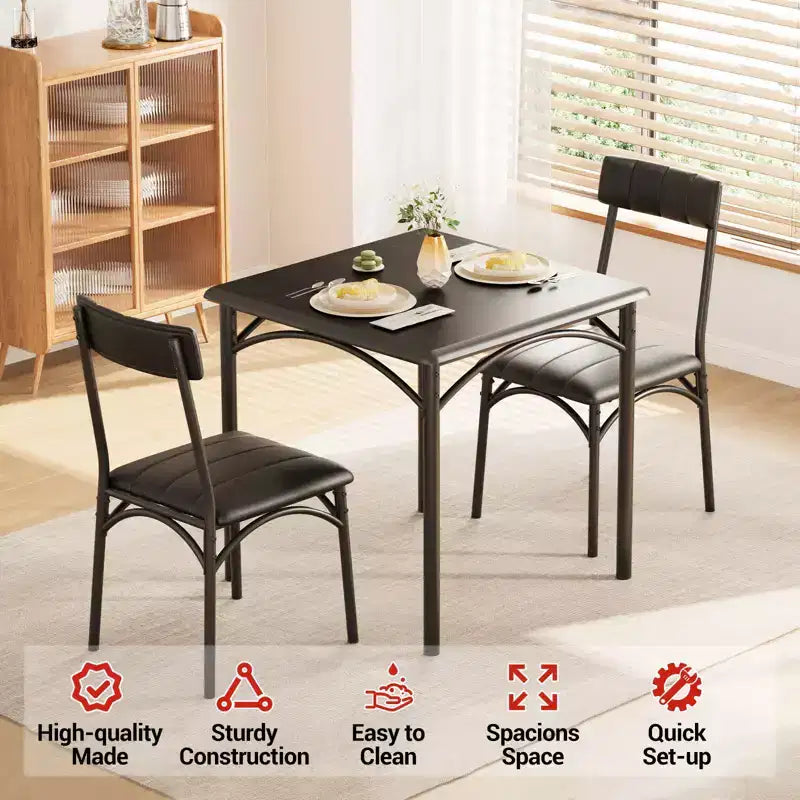 Ensemble table de salle à manger pour 2, ensemble table de cuisine carrée et chaises avec chaises rembourrées, cadre en métal et plateau de table en MDF, pour petits espaces, petit-déjeuner