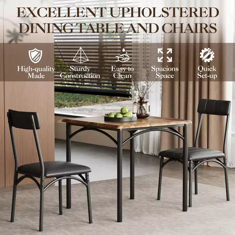 Ensemble table de salle à manger pour 2, ensemble table de cuisine carrée et chaises avec chaises rembourrées, cadre en métal et plateau de table en MDF, pour petits espaces, petit-déjeuner