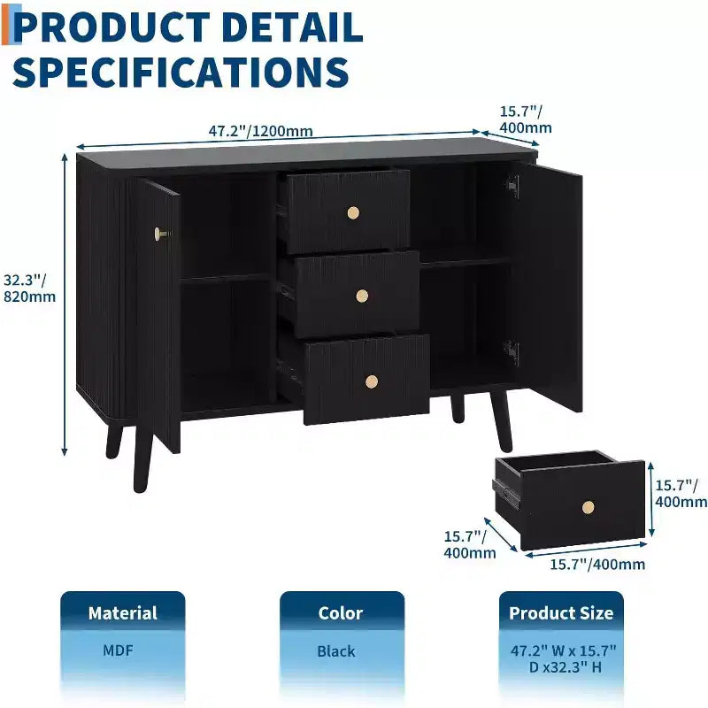 Buffet de salle à manger 47 po avec tiroirs, armoire de rangement à cannelures avec 2 portes et 3 tiroirs, noir