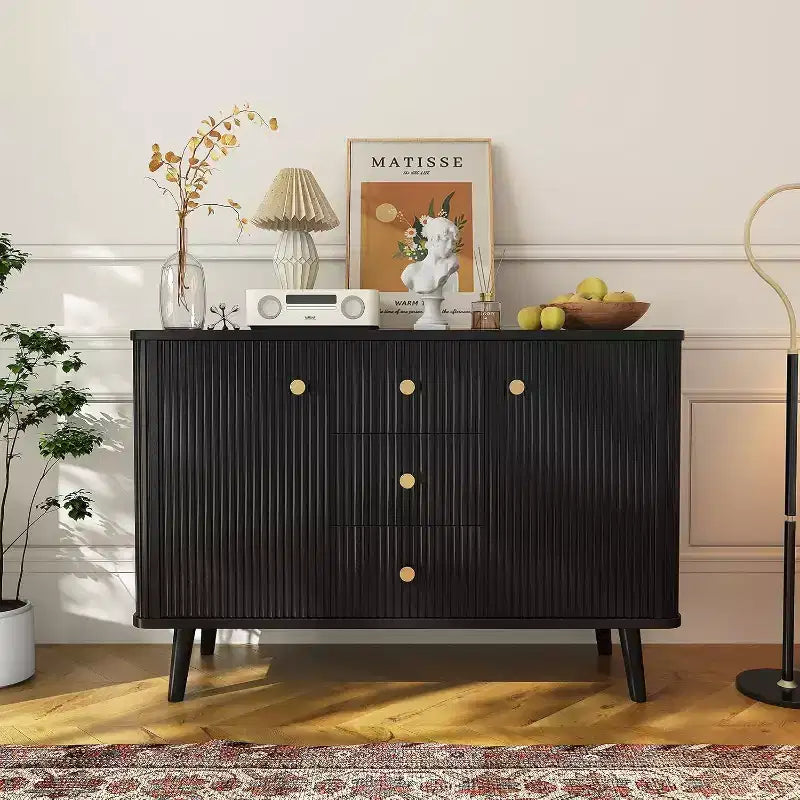 Buffet de salle à manger 47 po avec tiroirs, armoire de rangement à cannelures avec 2 portes et 3 tiroirs, noir