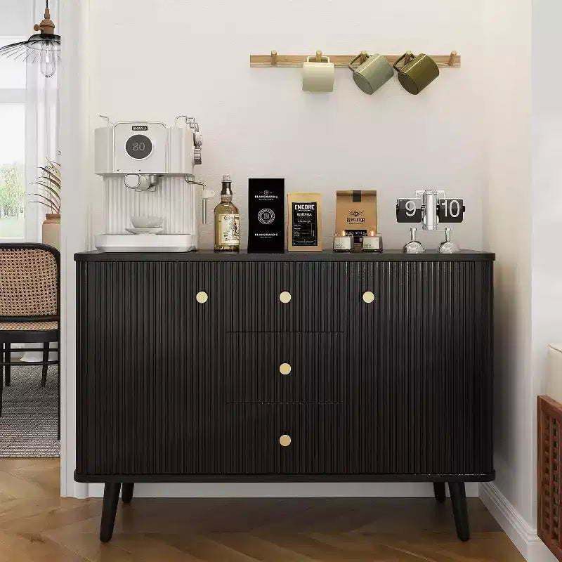Buffet de salle à manger 47 po avec tiroirs, armoire de rangement à cannelures avec 2 portes et 3 tiroirs, noir