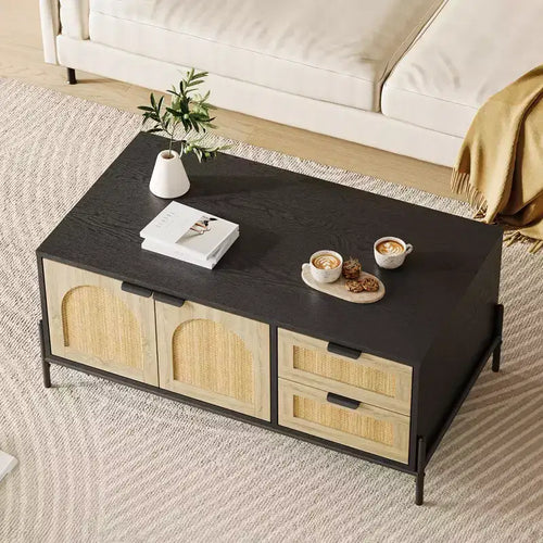 2 Drawers Storage Cabinet Rattan Coffee Table,Open Shelf for Home Office,