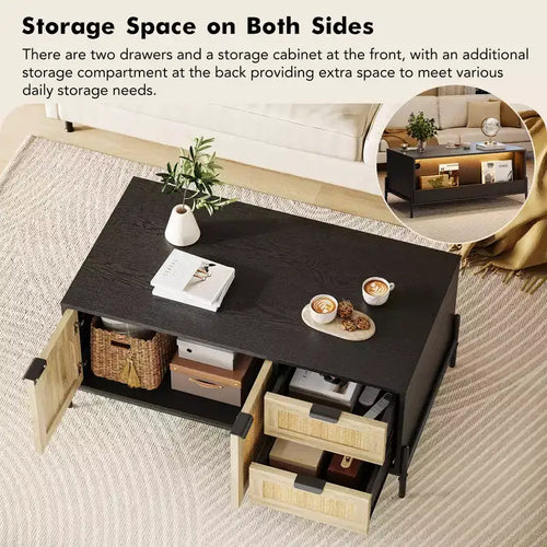 Table basse en rotin avec 2 tiroirs de rangement et étagère ouverte pour la maison ou le bureau,