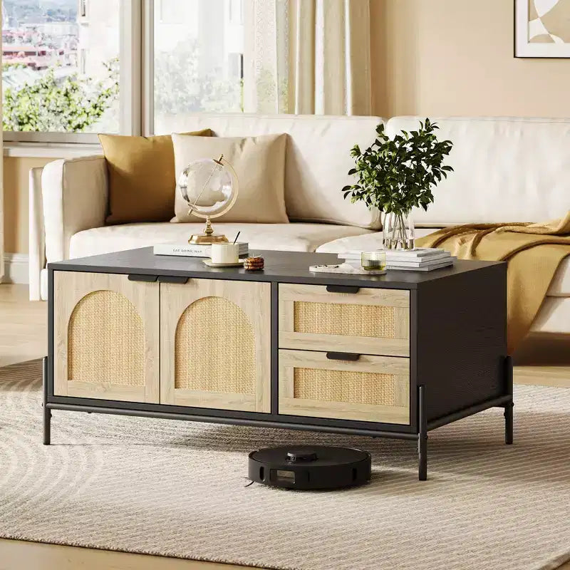 Table basse en rotin avec 2 tiroirs de rangement et étagère ouverte pour la maison ou le bureau,