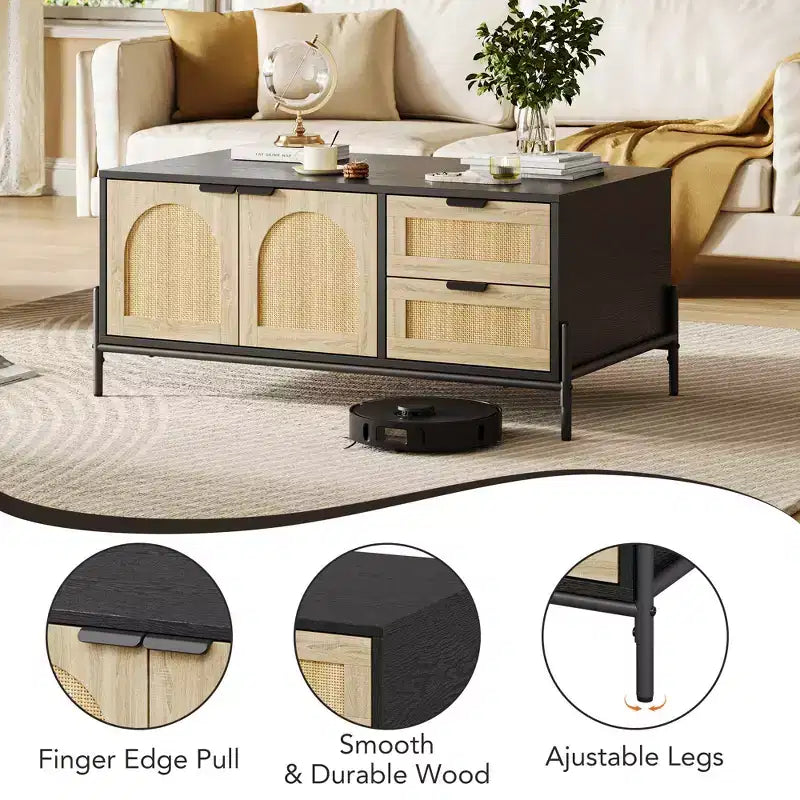 Table basse en rotin avec 2 tiroirs de rangement et étagère ouverte pour la maison ou le bureau,