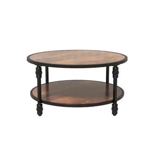 2 Tier Center Table Round Coffee Table, Wooden Industrial Circle Coffee Table with Metal Frame 