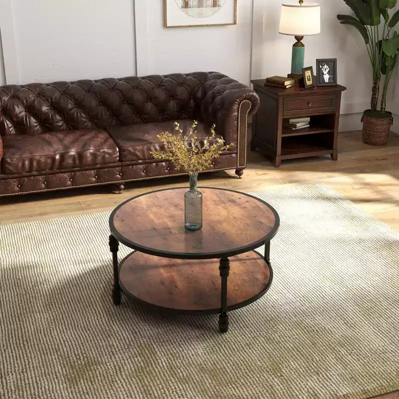 Table basse ronde à 2 niveaux, table basse industrielle en bois avec cadre métallique