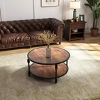 Table basse ronde à 2 niveaux, table basse industrielle en bois avec cadre métallique