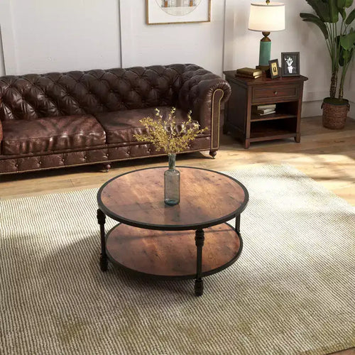 Table basse ronde à 2 niveaux, table basse industrielle en bois avec cadre métallique