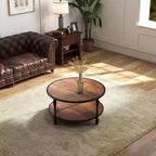 Table basse ronde à 2 niveaux, table basse industrielle en bois avec cadre métallique
