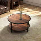 Table basse ronde à 2 niveaux, table basse industrielle en bois avec cadre métallique