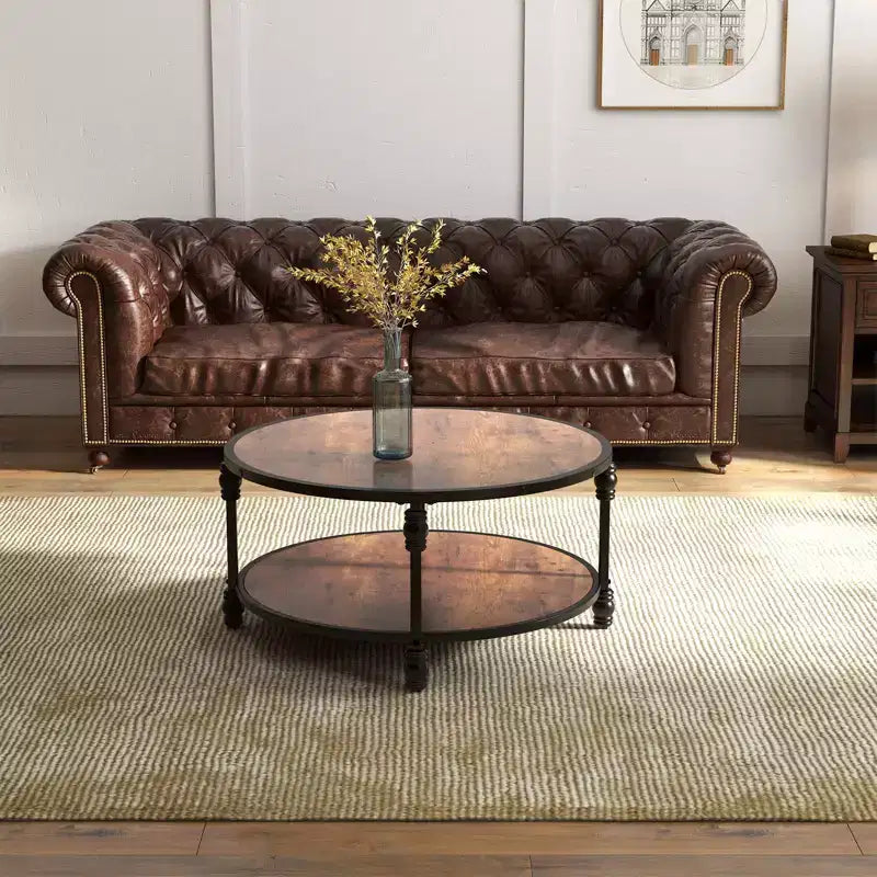 Table basse ronde à 2 niveaux, table basse industrielle en bois avec cadre métallique