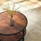 Table basse ronde à 2 niveaux, table basse industrielle en bois avec cadre métallique
