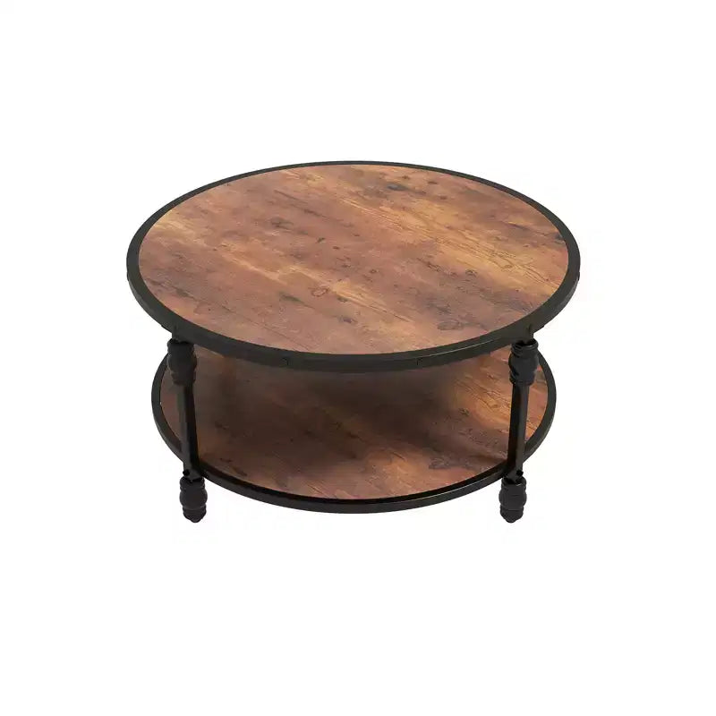 Table basse ronde à 2 niveaux, table basse industrielle en bois avec cadre métallique