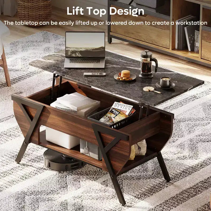 Table basse relevable Bestier avec étagère de rangement, table à manger avec plateau relevable 41 LED pour salon, table d'appoint de canapé, table basse moderne, noyer