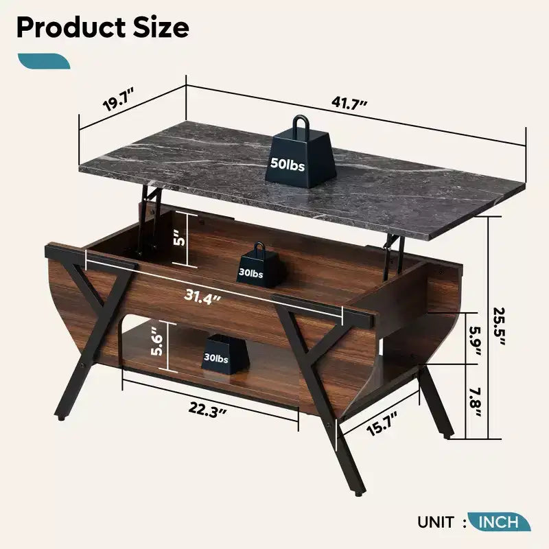 Table basse relevable Bestier avec étagère de rangement, table à manger avec plateau relevable 41 LED pour salon, table d'appoint de canapé, table basse moderne, noyer