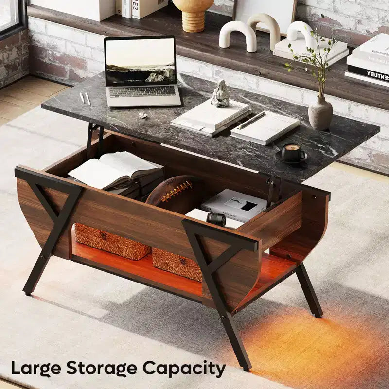 Table basse relevable Bestier avec étagère de rangement, table à manger avec plateau relevable 41 LED pour salon, table d'appoint de canapé, table basse moderne, noyer