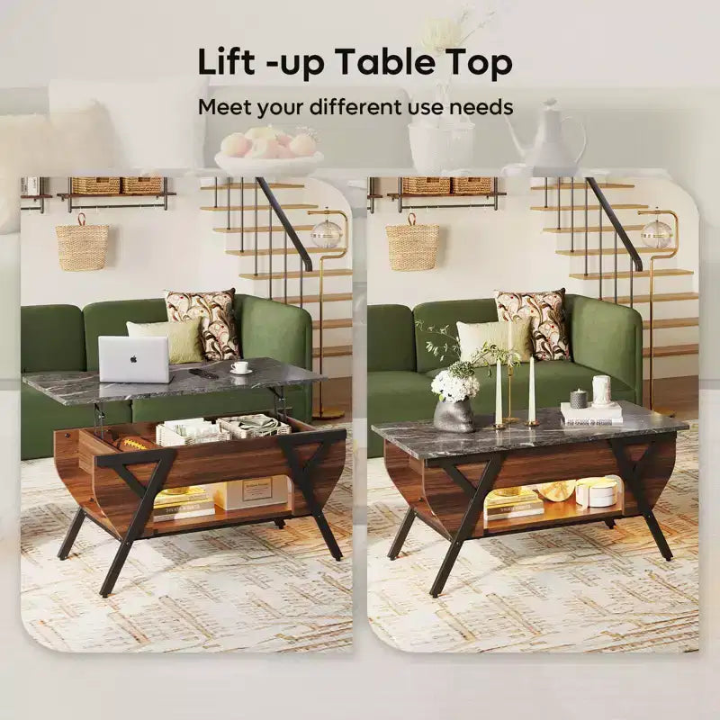 Table basse relevable Bestier avec étagère de rangement, table à manger avec plateau relevable 41 LED pour salon, table d'appoint de canapé, table basse moderne, noyer