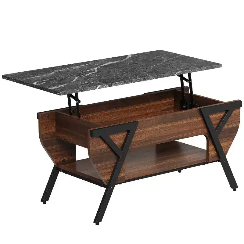 Table basse relevable Bestier avec étagère de rangement, table à manger avec plateau relevable 41 LED pour salon, table d'appoint de canapé, table basse moderne, noyer