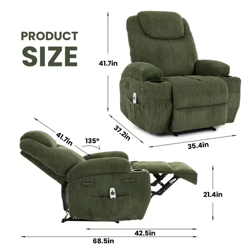 Fauteuil inclinable massant, ultra-confortable (135° réglable), doubles porte-gobelets et poches latérales de rangement, assemblage facile sans outils