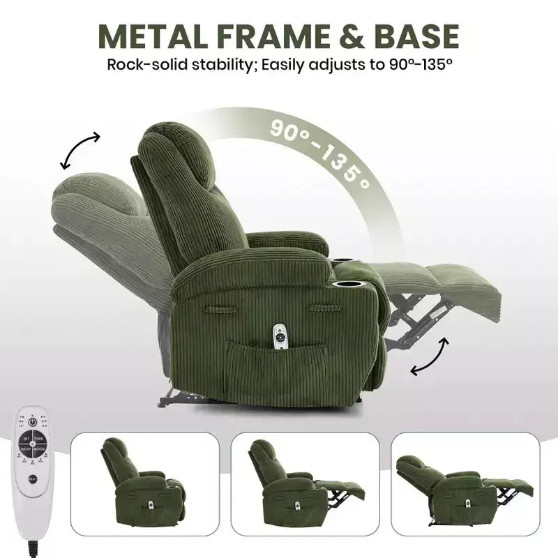 Fauteuil inclinable massant, ultra-confortable (135° réglable), doubles porte-gobelets et poches latérales de rangement, assemblage facile sans outils