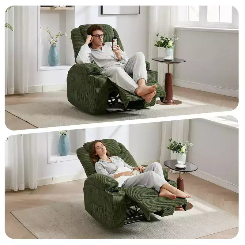 Fauteuil inclinable massant, ultra-confortable (135° réglable), doubles porte-gobelets et poches latérales de rangement, assemblage facile sans outils