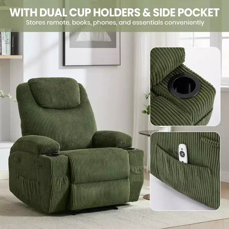 Fauteuil inclinable massant, ultra-confortable (135° réglable), doubles porte-gobelets et poches latérales de rangement, assemblage facile sans outils