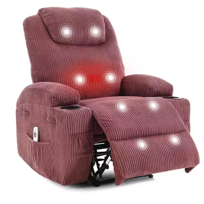 Fauteuil inclinable massant, ultra-confortable (135° réglable), doubles porte-gobelets et poches latérales de rangement, assemblage facile sans outils