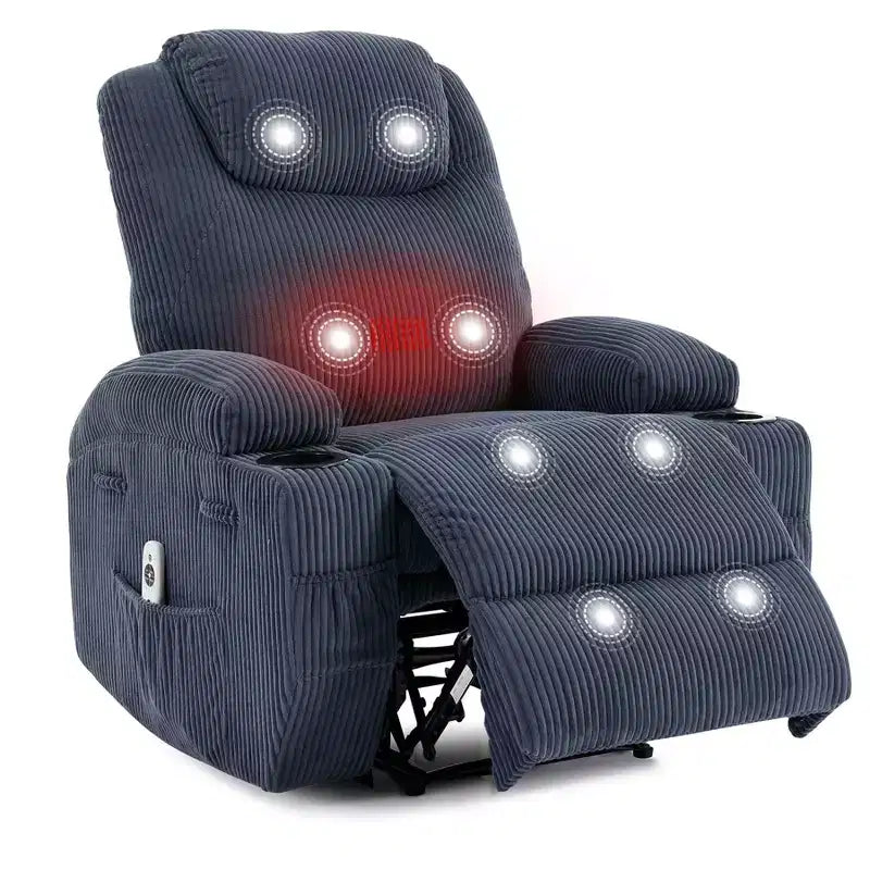 Fauteuil inclinable massant, ultra-confortable (135° réglable), doubles porte-gobelets et poches latérales de rangement, assemblage facile sans outils