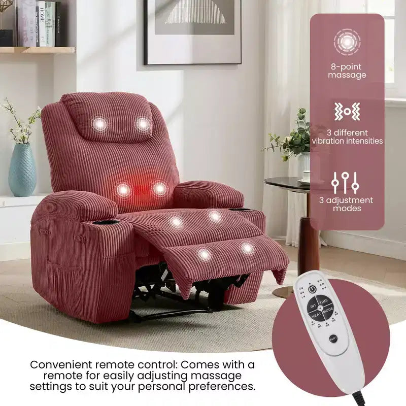 Fauteuil inclinable massant, ultra-confortable (135° réglable), doubles porte-gobelets et poches latérales de rangement, assemblage facile sans outils