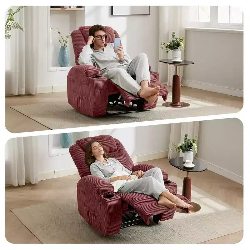 Fauteuil inclinable massant, ultra-confortable (135° réglable), doubles porte-gobelets et poches latérales de rangement, assemblage facile sans outils
