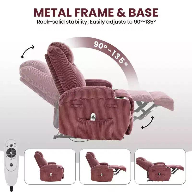 Fauteuil inclinable massant, ultra-confortable (135° réglable), doubles porte-gobelets et poches latérales de rangement, assemblage facile sans outils