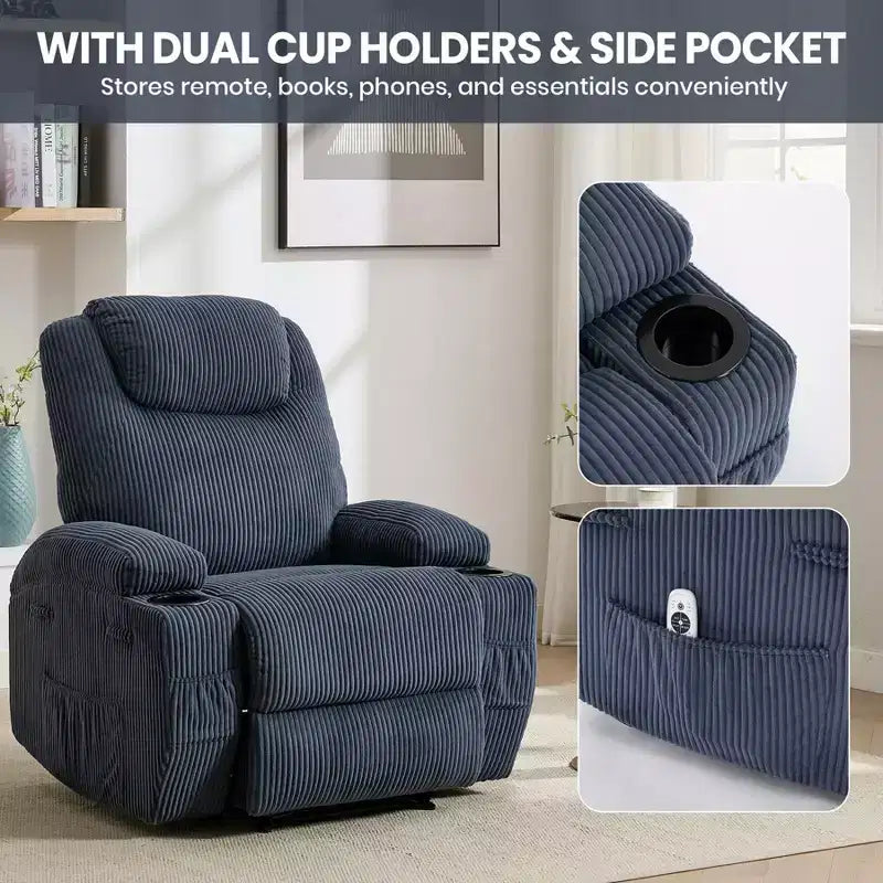 Fauteuil inclinable massant, ultra-confortable (135° réglable), doubles porte-gobelets et poches latérales de rangement, assemblage facile sans outils