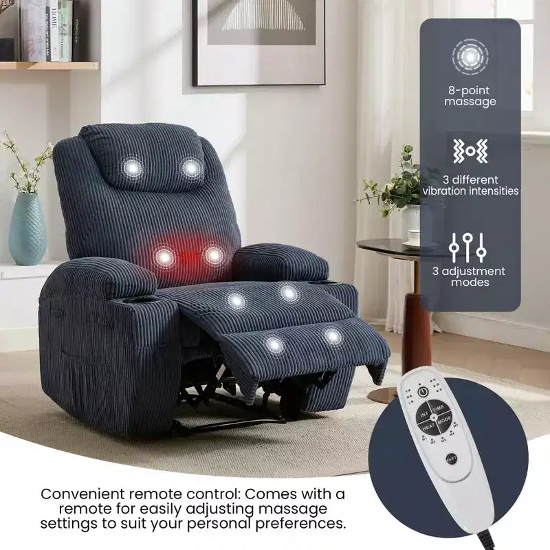 Fauteuil inclinable massant, ultra-confortable (135° réglable), doubles porte-gobelets et poches latérales de rangement, assemblage facile sans outils