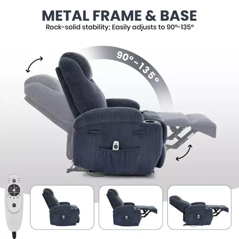 Fauteuil inclinable massant, ultra-confortable (135° réglable), doubles porte-gobelets et poches latérales de rangement, assemblage facile sans outils