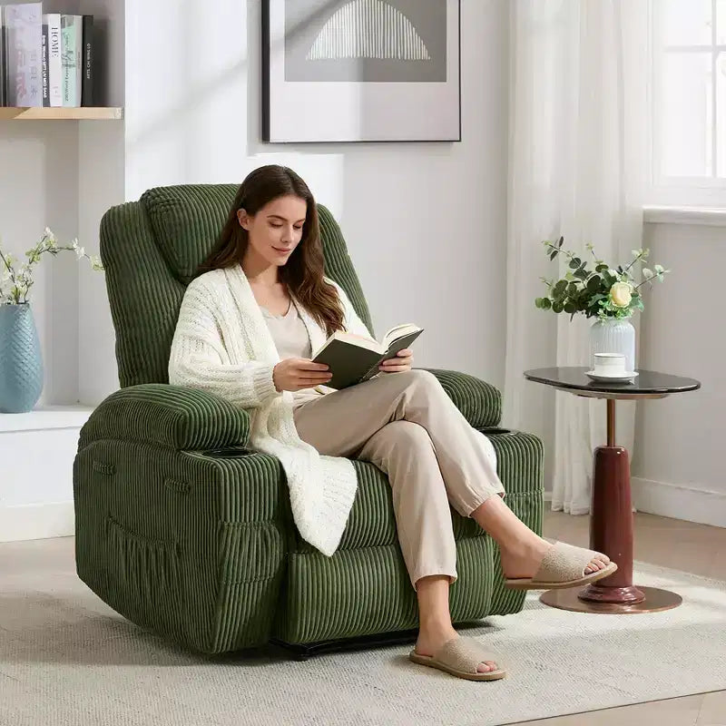 Fauteuil inclinable massant, ultra-confortable (135° réglable), doubles porte-gobelets et poches latérales de rangement, assemblage facile sans outils