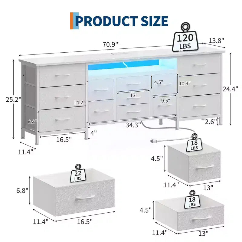 Commode de 178 cm avec 13 tiroirs, meuble TV pour téléviseurs de 65 à 80 pouces avec station de recharge, organisateur de rangement en tissu pour chambre et salon