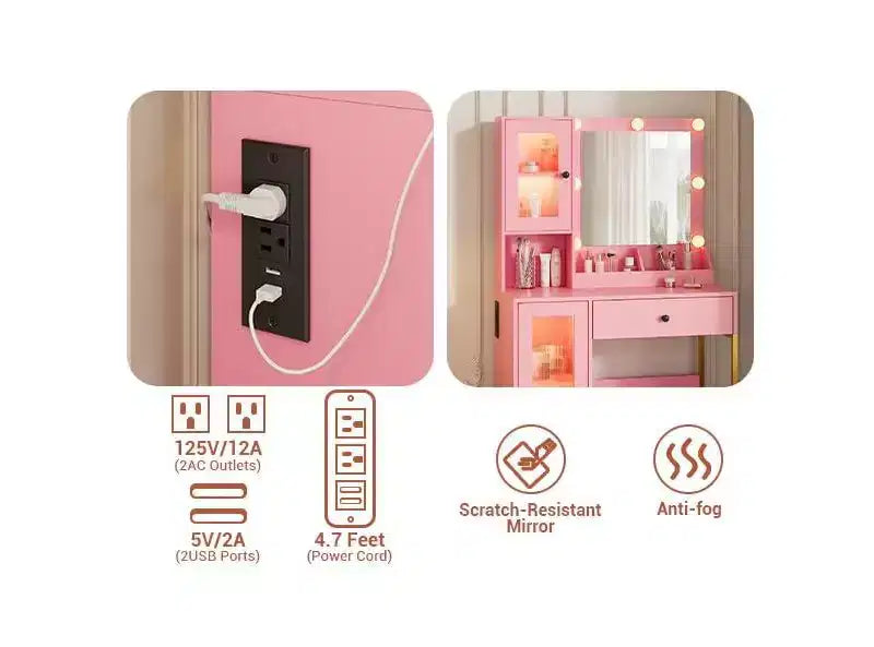 Coiffeuse avec miroir, 3 modes d'éclairage, prises et ports USB intégrés, tiroirs spacieux et meuble de rangement, table de maquillage pour chambre à coucher