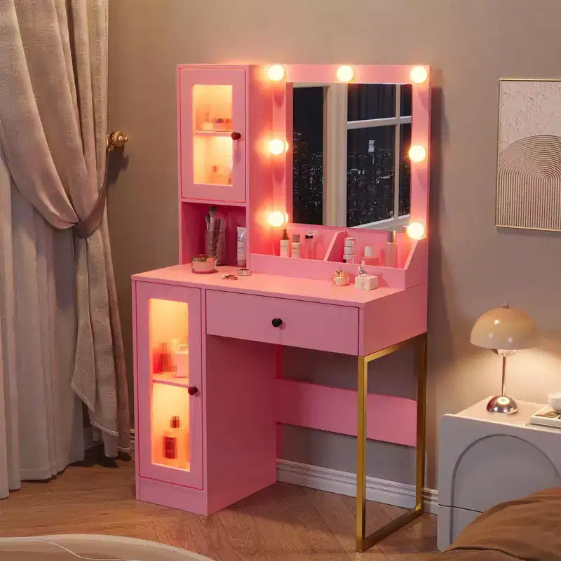 Coiffeuse avec miroir, 3 modes d'éclairage, prises et ports USB intégrés, tiroirs spacieux et meuble de rangement, table de maquillage pour chambre à coucher
