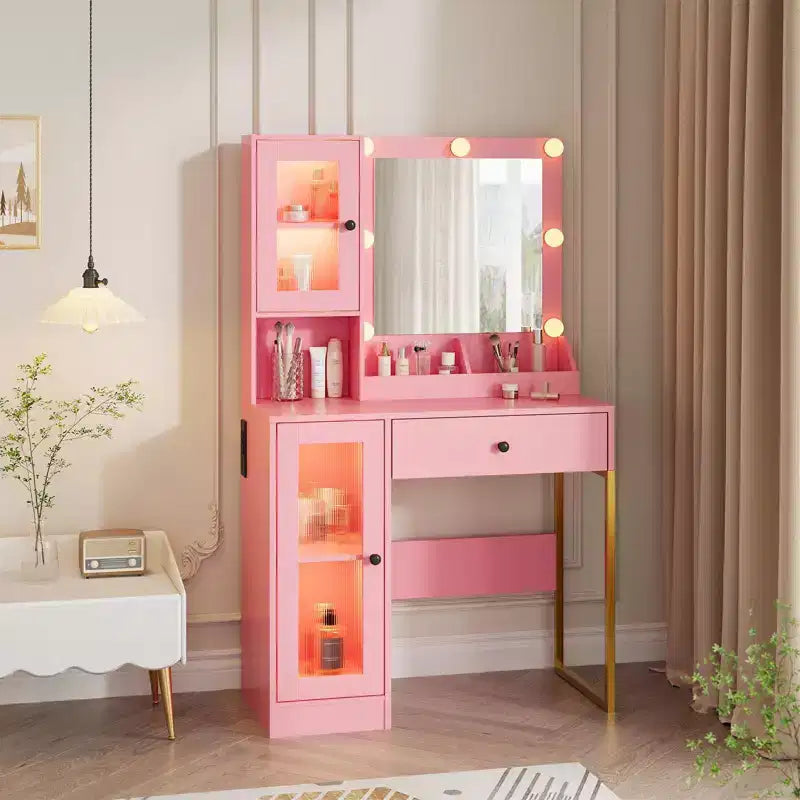 Coiffeuse avec miroir, 3 modes d'éclairage, prises et ports USB intégrés, tiroirs spacieux et meuble de rangement, table de maquillage pour chambre à coucher