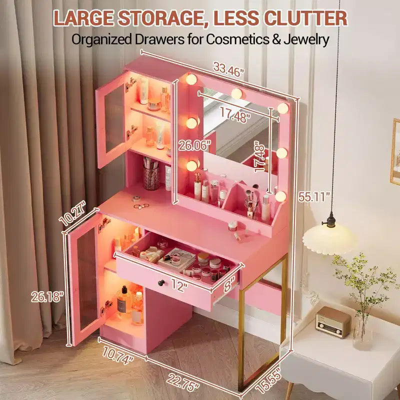 Coiffeuse avec miroir, 3 modes d'éclairage, prises et ports USB intégrés, tiroirs spacieux et meuble de rangement, table de maquillage pour chambre à coucher
