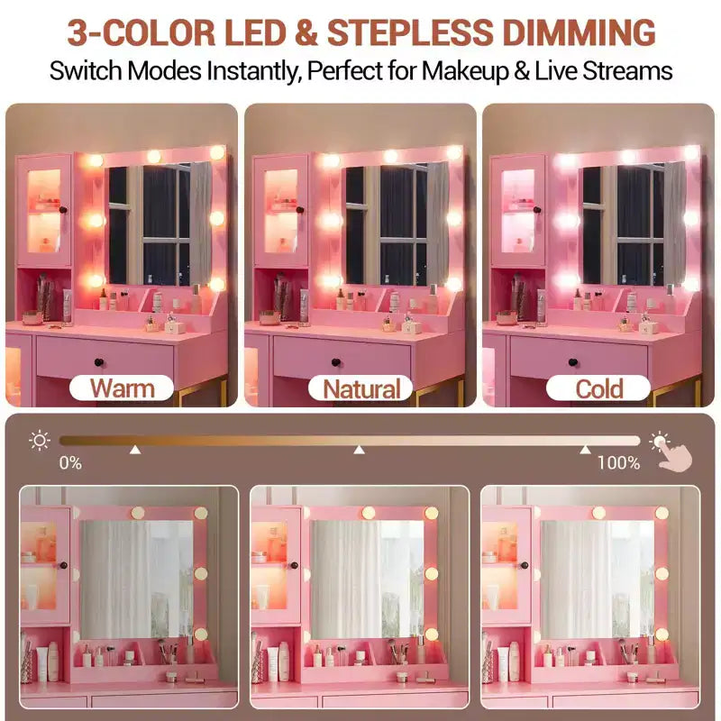 Coiffeuse avec miroir, 3 modes d'éclairage, prises et ports USB intégrés, tiroirs spacieux et meuble de rangement, table de maquillage pour chambre à coucher