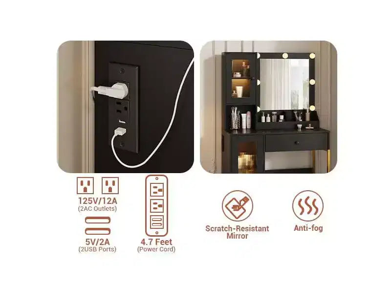 Coiffeuse avec miroir, 3 modes d'éclairage, prises et ports USB intégrés, tiroirs spacieux et meuble de rangement, table de maquillage pour chambre à coucher