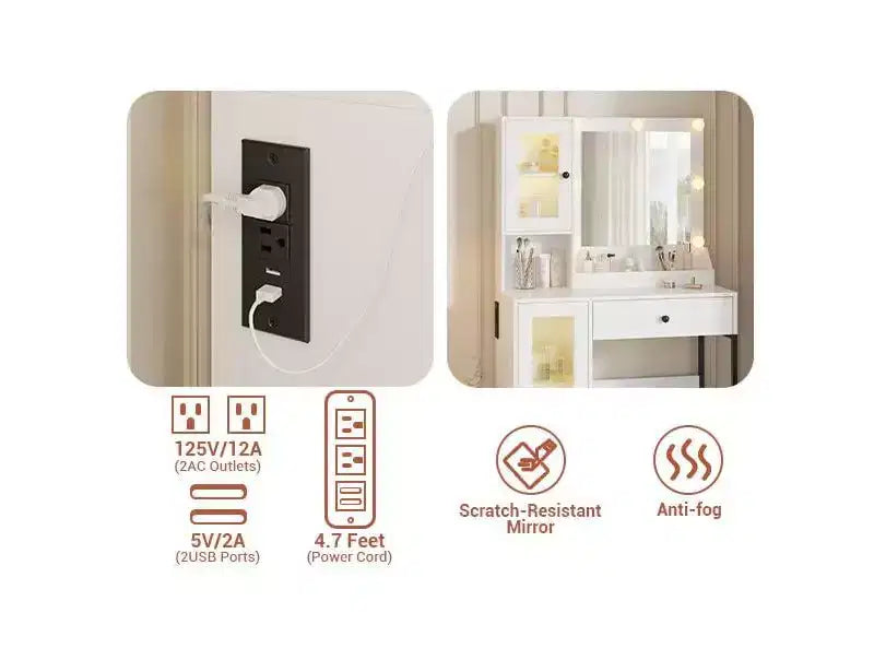 Coiffeuse avec miroir, 3 modes d'éclairage, prises et ports USB intégrés, tiroirs spacieux et meuble de rangement, table de maquillage pour chambre à coucher