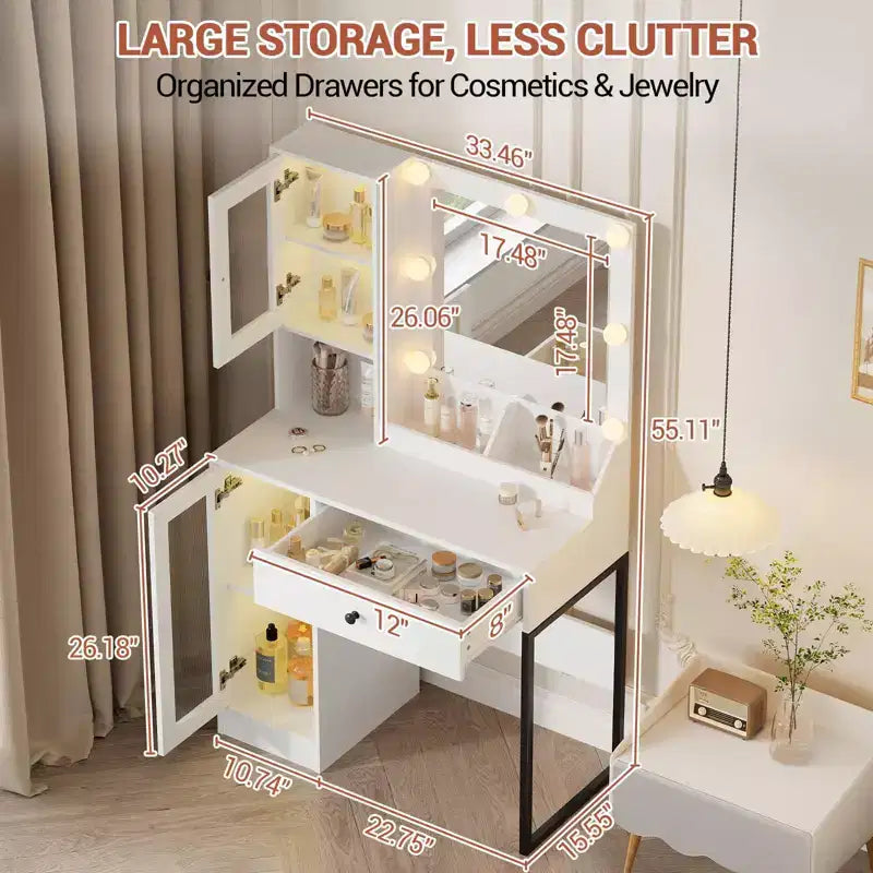 Coiffeuse avec miroir, 3 modes d'éclairage, prises et ports USB intégrés, tiroirs spacieux et meuble de rangement, table de maquillage pour chambre à coucher